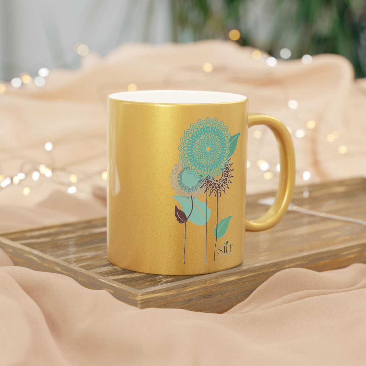 Gold Metallic Mug — Teal Mandala Floral Design